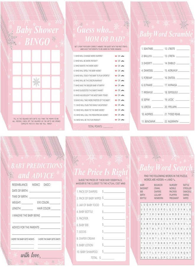 Harloon 302 Pcs Winter Snowflake Baby Shower Games, 6 Games, 50 Sheets Each, Baby Shower, Word Scramble, Word Search, Predictions and Advice(Pink) - Image 1